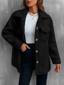 SHEIN LUNE Solid Button Front Pocket Detail Teddy Coat - Black - View 1
