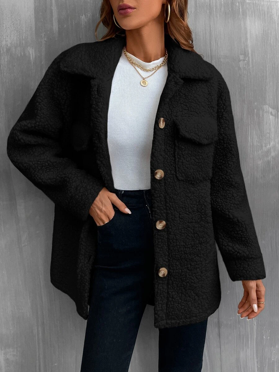 SHEIN LUNE Solid Button Front Pocket Detail Teddy Coat - Black - View 1