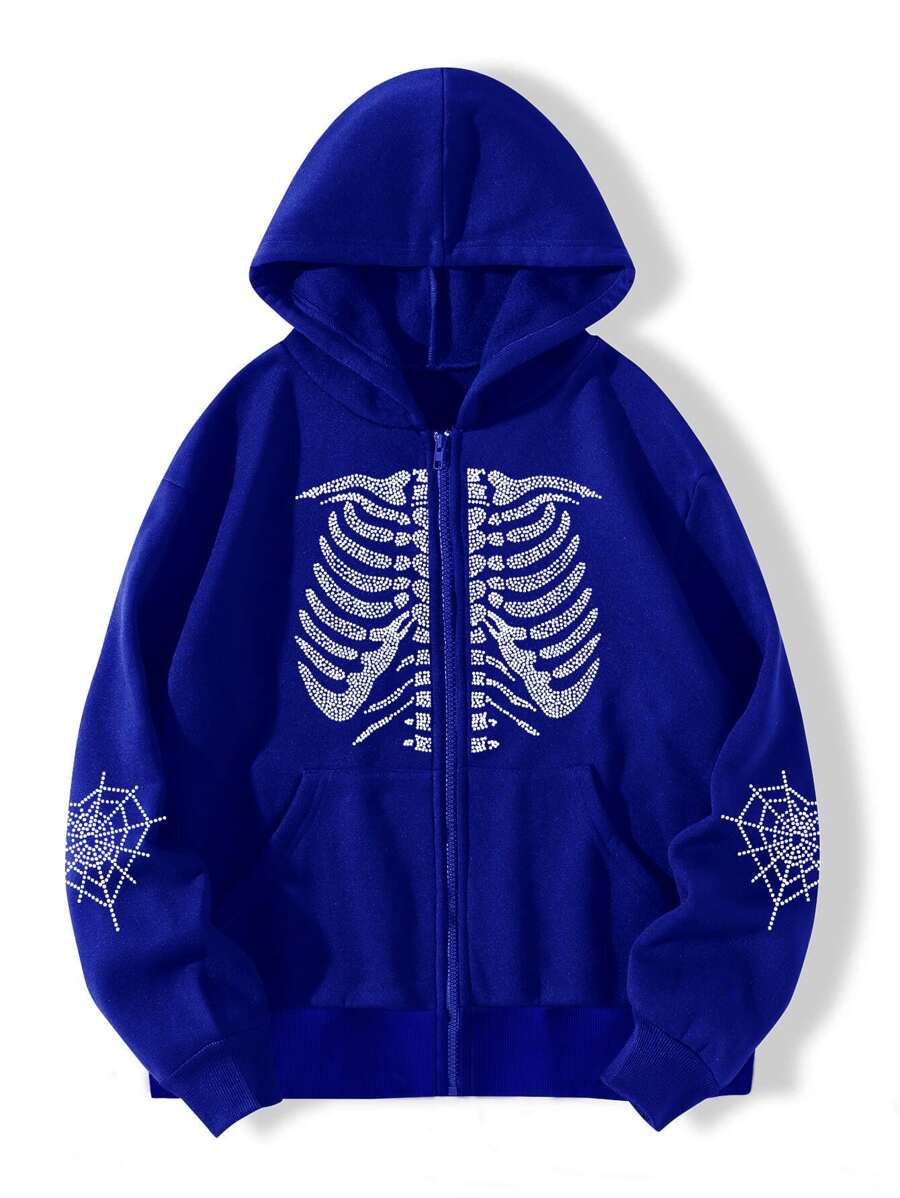 SHEIN Unity Skeleton Rhinestone Zip Up Thermal Lined Hoodie - Royal Blue - View 1