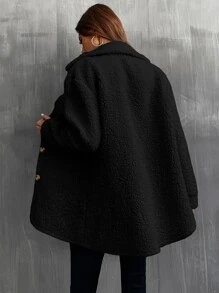 SHEIN LUNE Solid Button Front Pocket Detail Teddy Coat - Black - View 2