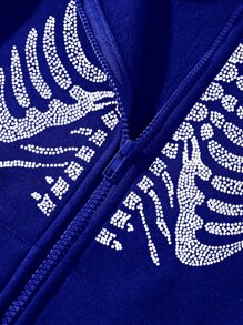 SHEIN Unity Skeleton Rhinestone Zip Up Thermal Lined Hoodie - Royal Blue - View 3