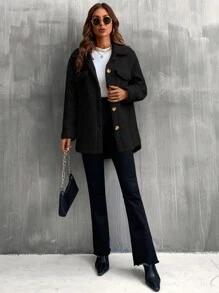 SHEIN LUNE Solid Button Front Pocket Detail Teddy Coat - Black - View 3