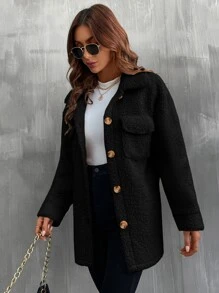 SHEIN LUNE Solid Button Front Pocket Detail Teddy Coat - Black - View 4