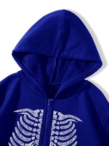 SHEIN Unity Skeleton Rhinestone Zip Up Thermal Lined Hoodie - Royal Blue - View 4