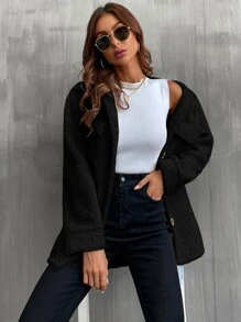 SHEIN LUNE Solid Button Front Pocket Detail Teddy Coat - Black - View 5