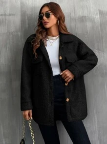 SHEIN LUNE Solid Button Front Pocket Detail Teddy Coat - Black - View 6