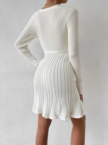 SHEIN Privé Ladies áo len váy Thắt lưng Trọn gói màu trơn Thanh lịch - Màu be - Xem 2