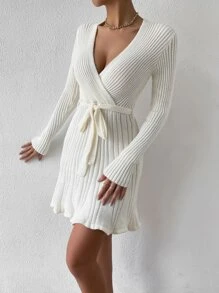 SHEIN Privé Ladies áo len váy Thắt lưng Trọn gói màu trơn Thanh lịch - Màu be - Xem 3