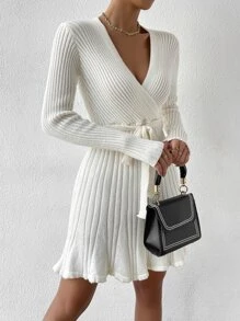 SHEIN Privé Ladies áo len váy Thắt lưng Trọn gói màu trơn Thanh lịch - Màu be - Xem 4