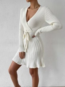 SHEIN Privé Ladies áo len váy Thắt lưng Trọn gói màu trơn Thanh lịch - Màu be - Xem 5