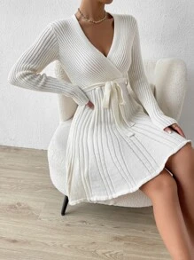 SHEIN Privé Ladies áo len váy Thắt lưng Trọn gói màu trơn Thanh lịch - Màu be - Xem 6