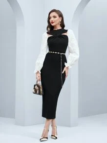 Modelyn 撞色荷葉袖鏤空連衣裙附腰帶 - 黑色 - 查看 3