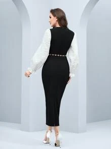 Modelyn 撞色荷葉袖鏤空連衣裙附腰帶 - 黑色 - 查看 2