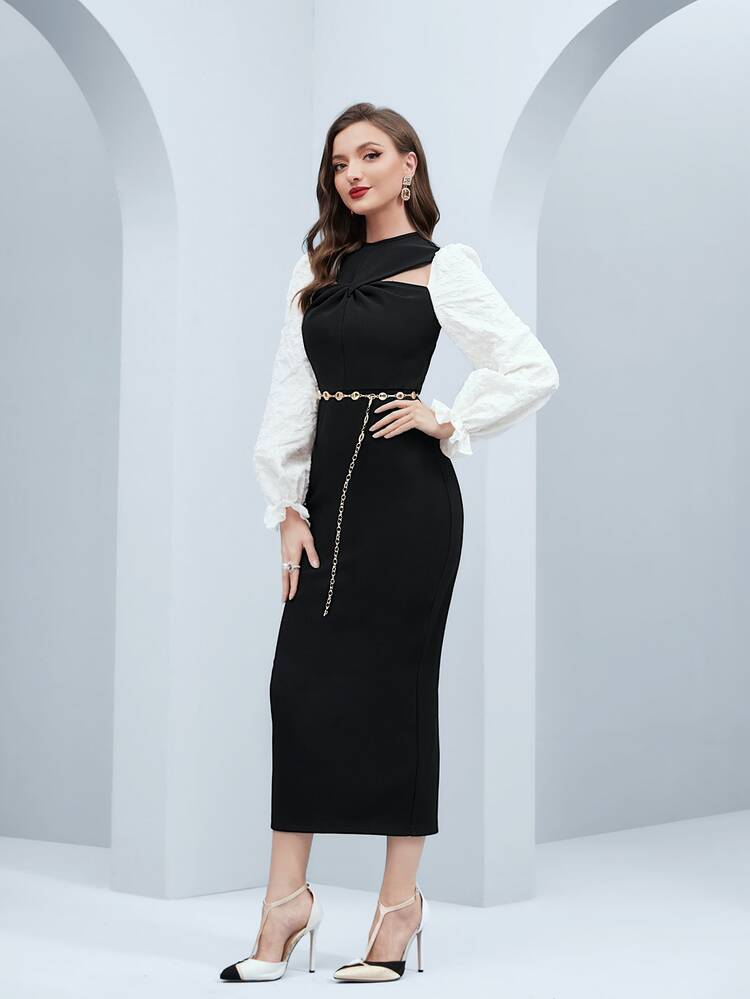 Modelyn Colorblock Flounce Sleeve Cut Out Dress With Belt - Black - View 4