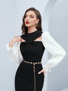 Modelyn 撞色荷葉袖鏤空連衣裙附腰帶 - 黑色 - 查看 5