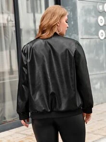Plus Zip Up PU Leather Bomber Jacket - Black - View 2