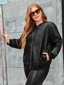 Plus Zip Up PU Leather Bomber Jacket - Black - View 4