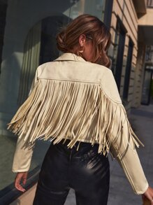 SHEIN VCAY 流蘇邊西裝領短款仿麂皮夾克