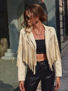 SHEIN VCAY 流蘇邊西裝領短款仿麂皮夾克