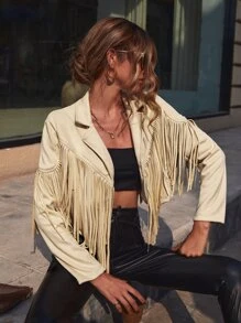 SHEIN VCAY 流蘇邊西裝領短款仿麂皮夾克