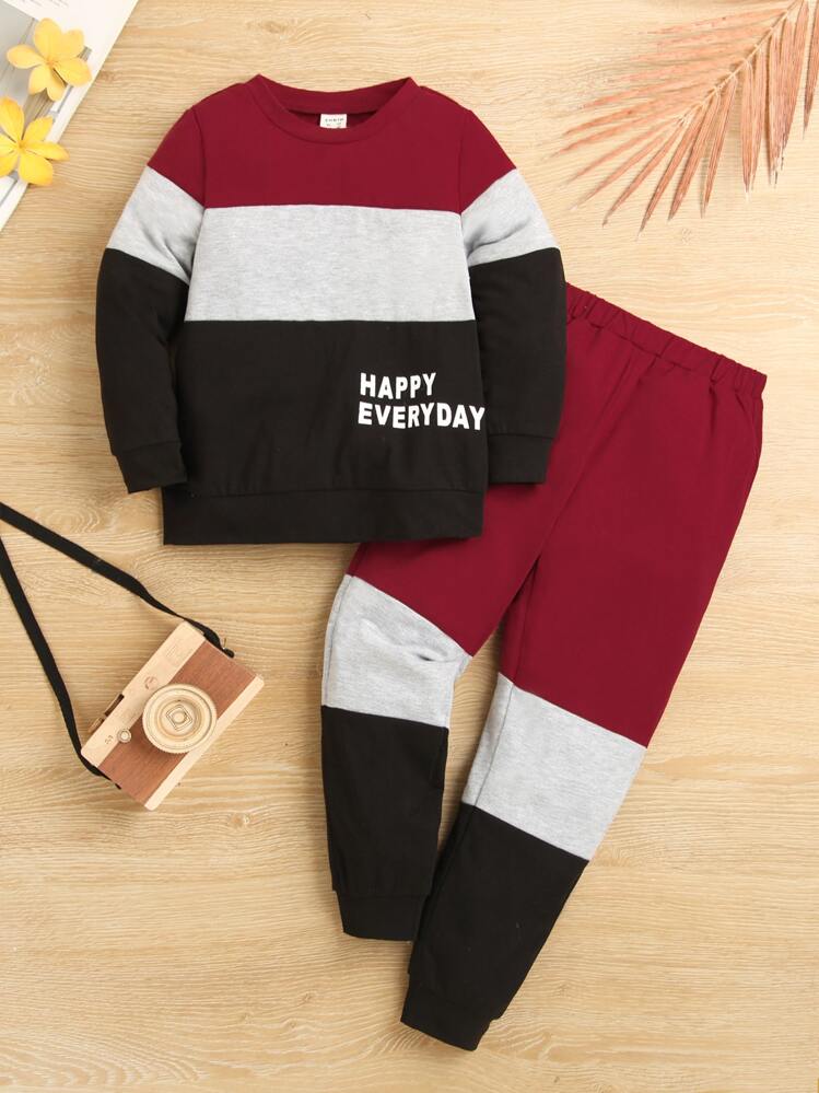 เด็กผู้ชาย เสื้อสวมหัว บล็อคสี พิมพ์ สโลแกน & กางเกงวอร์ม - มัลติคัลเลอร์ - ดู 1