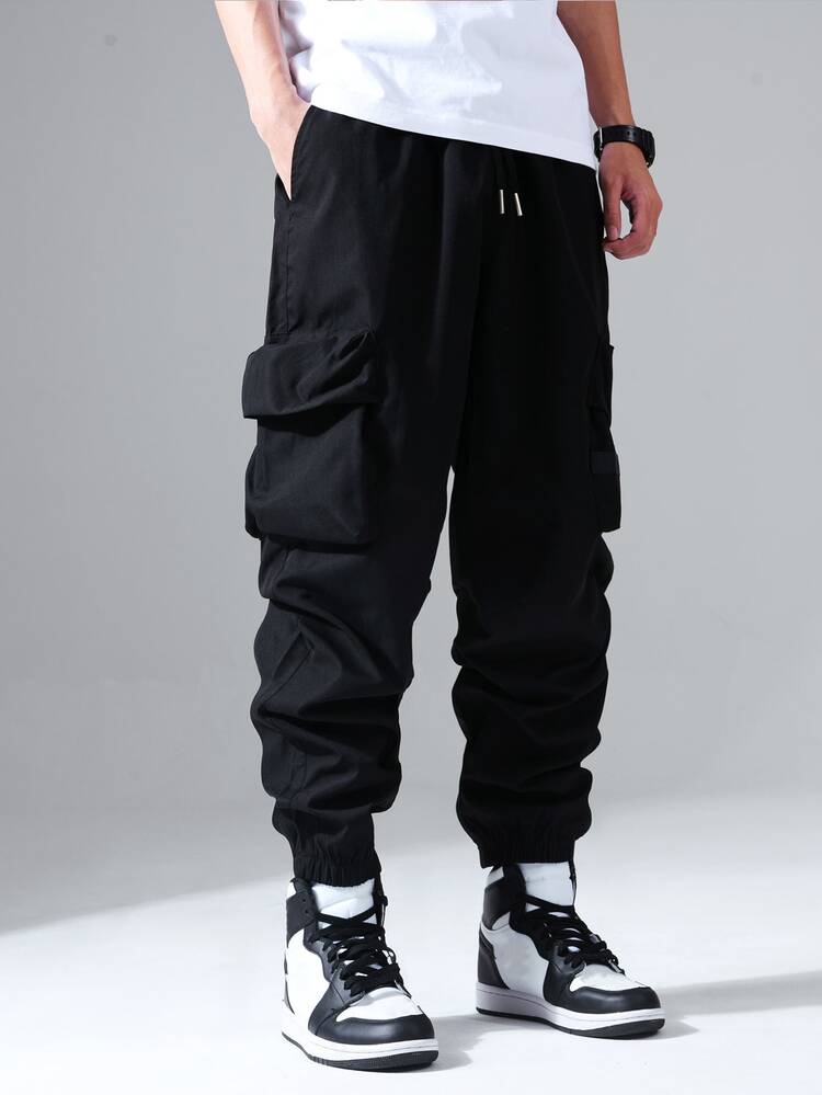 Claim Dot Loose Fit Men's Cargo Pants With Flap Pockets And Drawstring Waist - Black - View 3