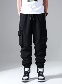 Claim Dot 寬鬆男士帶蓋口袋抽繩腰工裝褲 - 黑色 - 查看 5