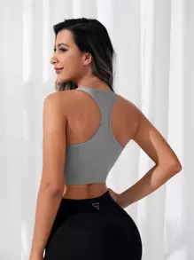 SHEIN Sports 大圓領前拉鍊短款運動型胸罩 - 灰色 - 查看 2