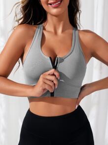 SHEIN Sports 大圓領前拉鍊短款運動型胸罩 - 灰色 - 查看 4