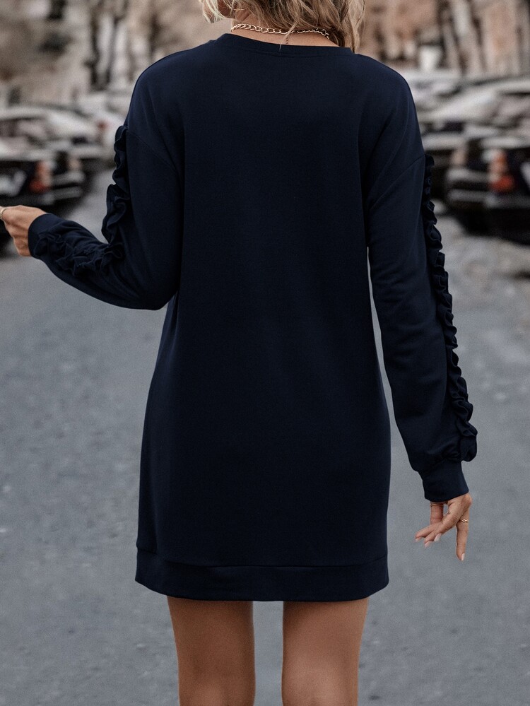 SHEIN LUNE Solid Frill Trim Sweatshirt Dress - Navy Blue - View 2