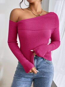 SHEIN Privé Asymmetrical Neck Ribbed Knit Sweater