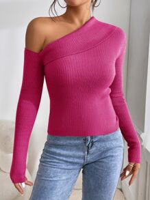 SHEIN Privé Asymmetrical Neck Ribbed Knit Sweater