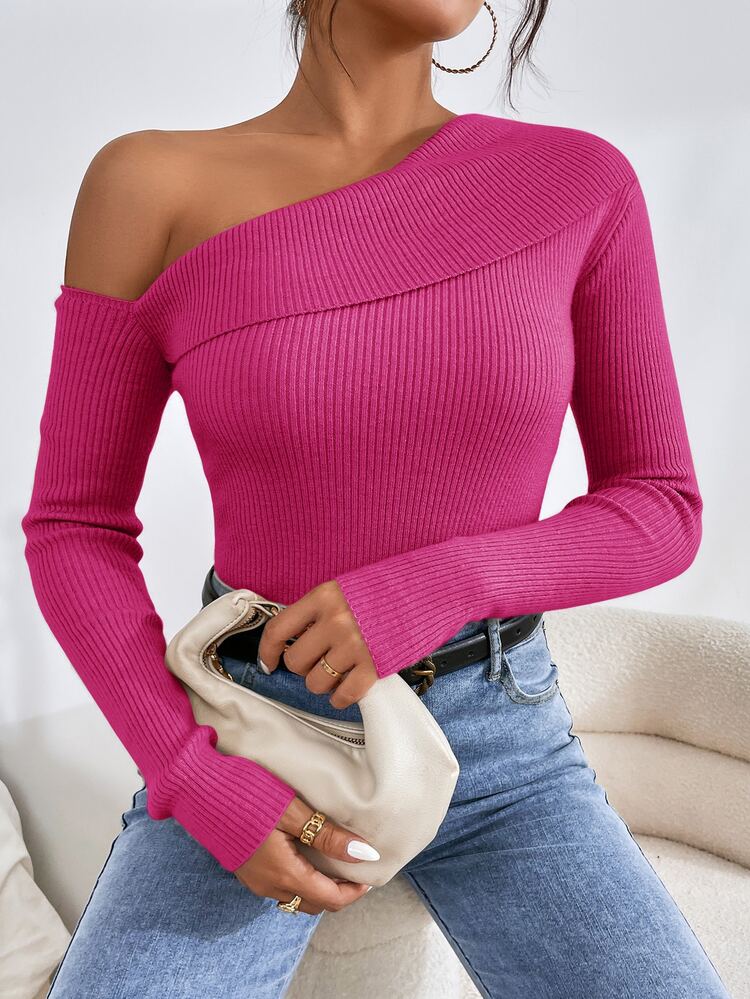SHEIN Privé 不對稱領條紋針織套頭毛衣 - 粉色 - 查看 6