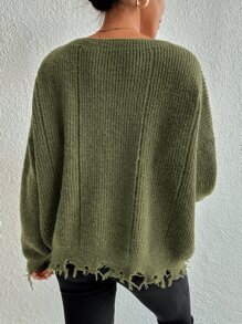 SHEIN Essnce Drop Shoulder Distressed Trim Jumper - Army Green - View 2