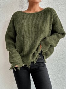 SHEIN Essnce Drop Shoulder Distressed Trim Jumper - Army Green - View 3