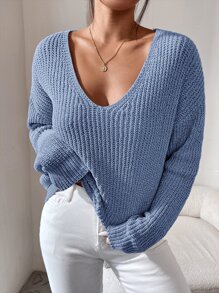 SHEIN Frenchy 落肩袖條紋針織套頭毛衣 - 淺藍色 - 查看 1