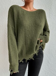 SHEIN Essnce Drop Shoulder Distressed Trim Jumper - Army Green - View 4