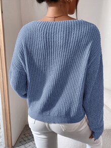 SHEIN Frenchy 落肩袖條紋針織套頭毛衣 - 淺藍色 - 查看 2