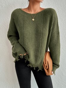 SHEIN Essnce Drop Shoulder Distressed Trim Jumper - Army Green - View 5
