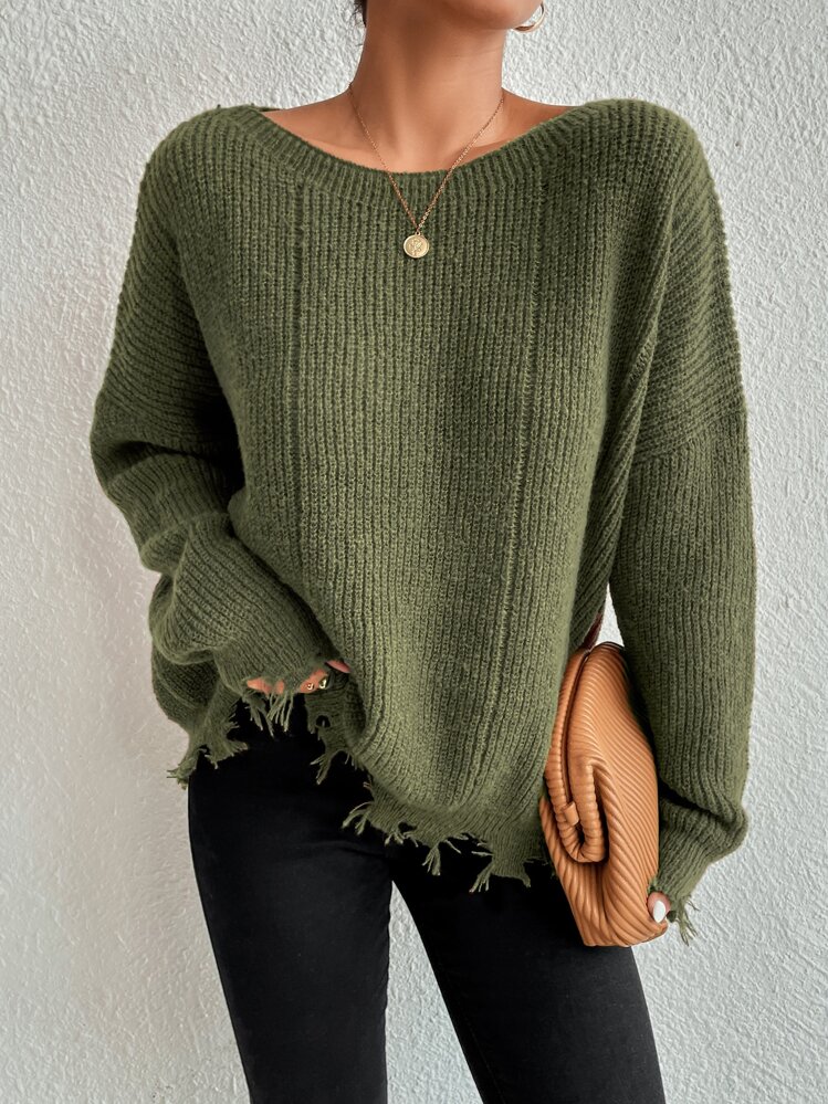 SHEIN Essnce Drop Shoulder Distressed Trim Jumper - Army Green - View 5
