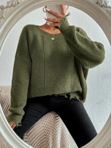 SHEIN Essnce Drop Shoulder Distressed Trim Jumper - Army Green - View 6