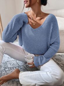 SHEIN Frenchy 落肩袖條紋針織套頭毛衣 - 淺藍色 - 查看 5