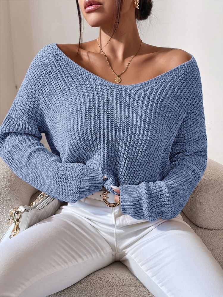 SHEIN Frenchy Jersey de hombros caídos tejido de canalé - Celeste - Añade 7