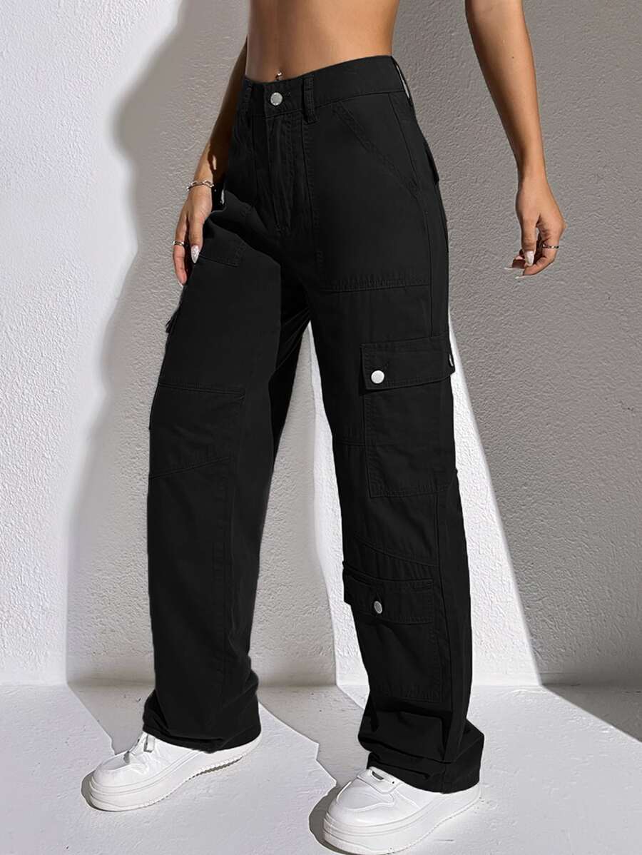 SHEIN ICON 翻蓋口袋工裝牛仔褲 - 黑色 - 查看 1