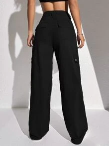 SHEIN ICON 翻蓋口袋工裝牛仔褲 - 黑色 - 查看 2