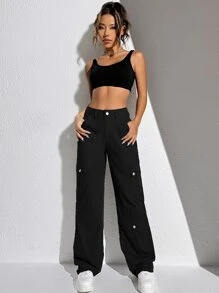 SHEIN ICON 翻蓋口袋工裝牛仔褲 - 黑色 - 查看 3