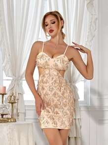 D&M Cut Out Back Sequin Fringe Cami Dress - Champagne - View 1