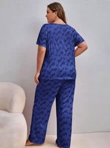 Conjunto de pijamas con 3 paquetes de gráfico de corazón y letra, con antifaz para los ojos para tallas grandes - azul real - Ver 2