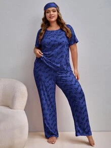 Conjunto de pijamas con 3 paquetes de gráfico de corazón y letra, con antifaz para los ojos para tallas grandes - azul real - Ver 4
