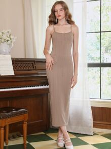 SHEIN MOD Solid Split Hem Cami Dress - Apricot - View 2